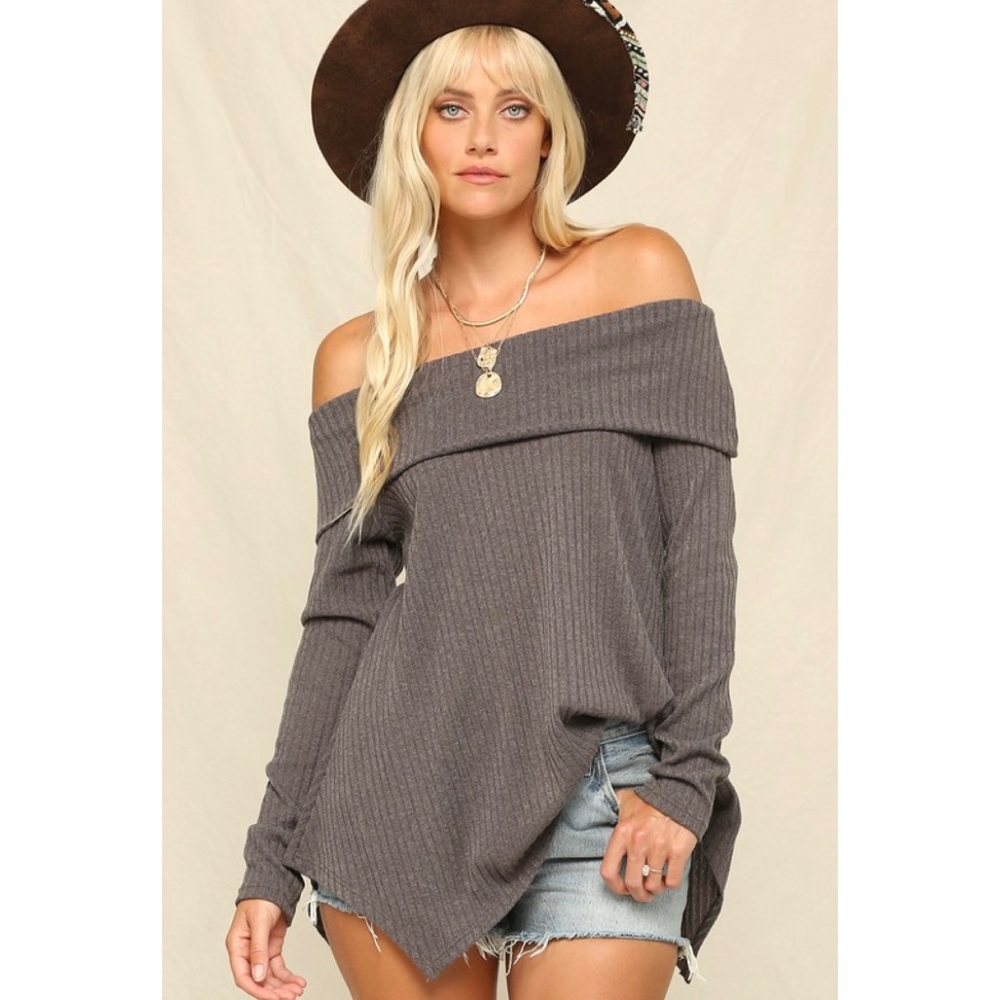 Fold over shoulder top, casual rib tunic with long sleeves.